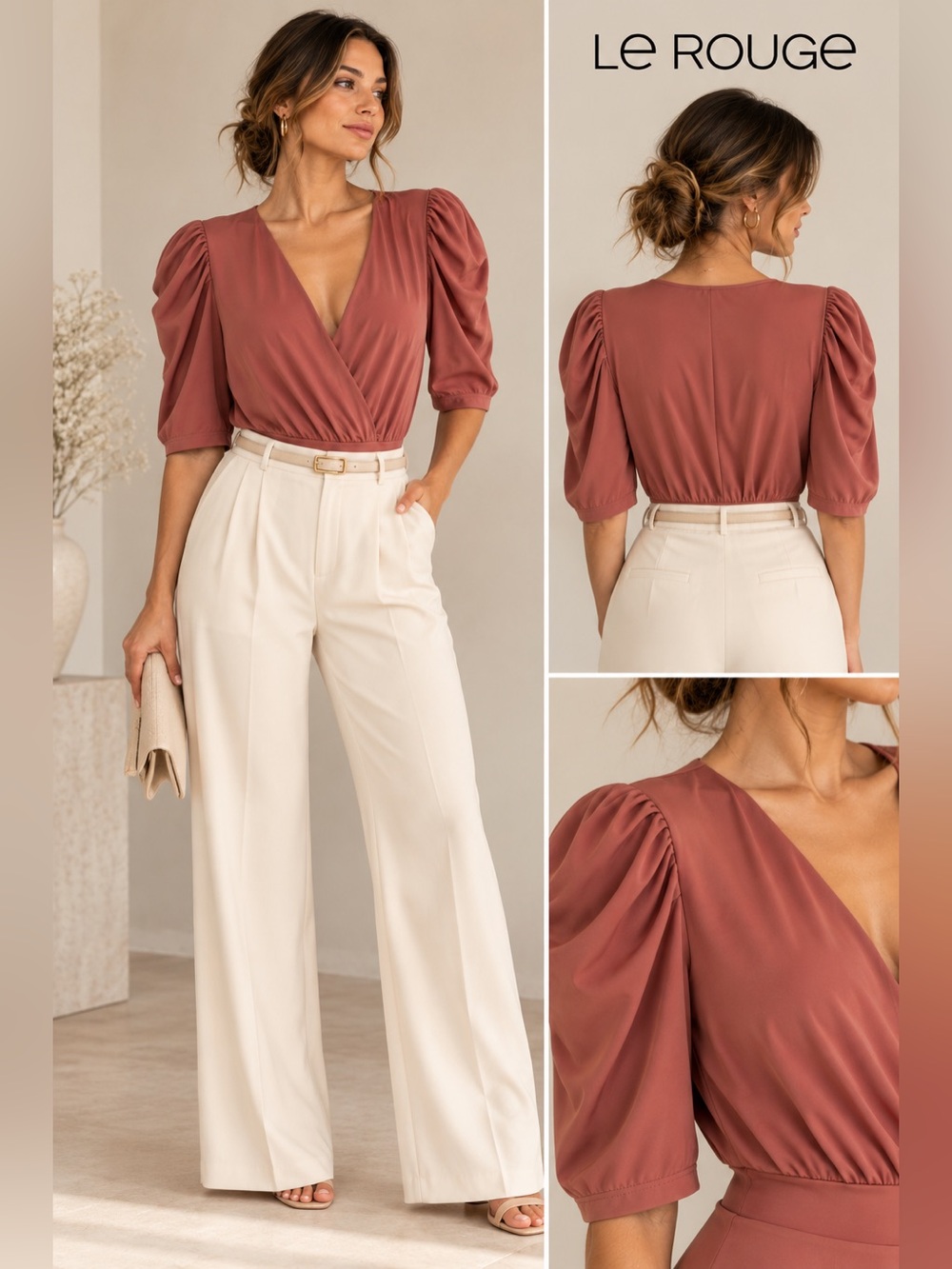 Le Rouge Pink Wrap Bodysuit Puff Sleeve Deep V-Neck Size L